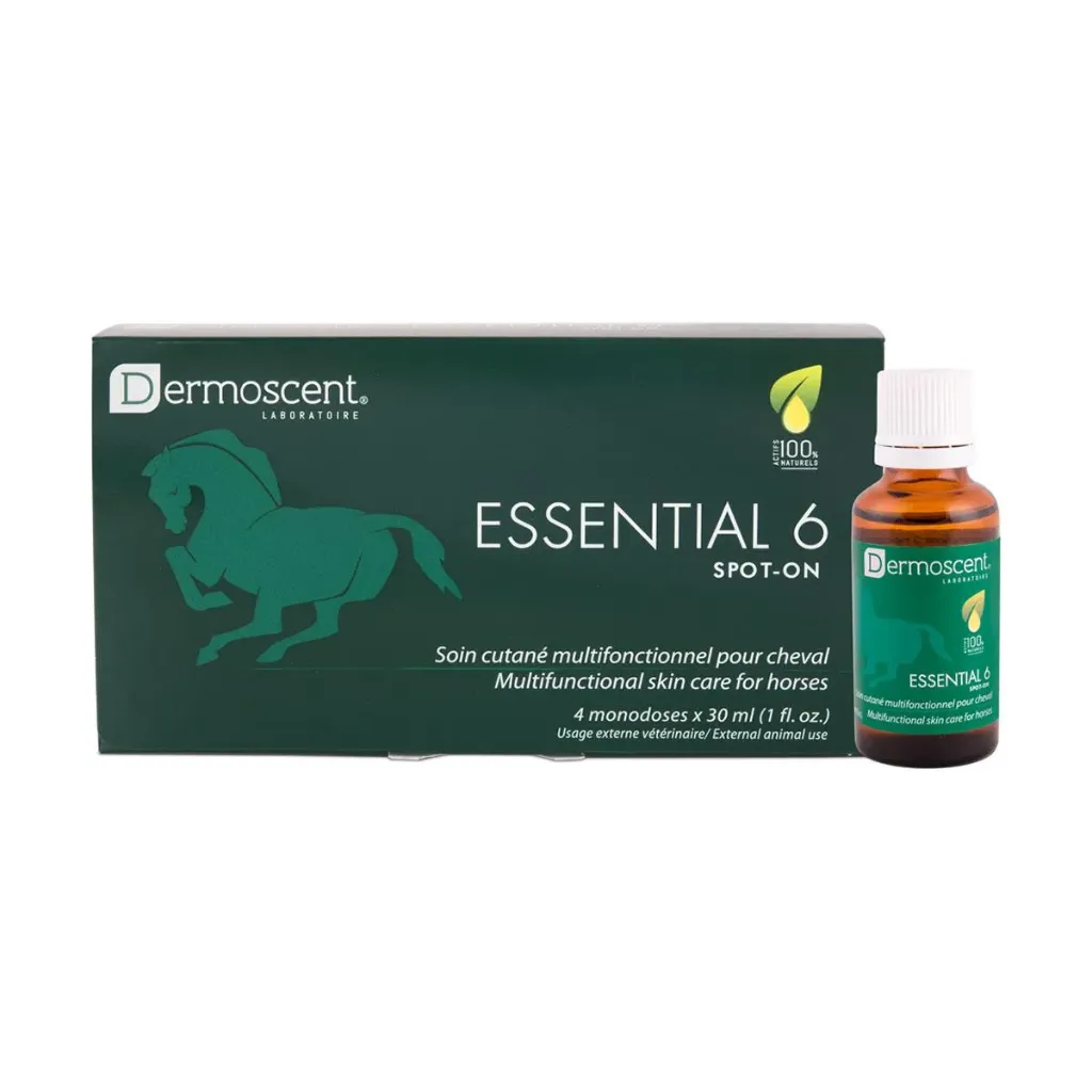 [9569] Dermoscent Essential 6 Spot-on – Soin cutané multifonctionnel pour chevaux – Pellicules, chute excessive de poils, robe terne et peau sèche/grasse – Formule 100% naturelle – 4 × 30 ml