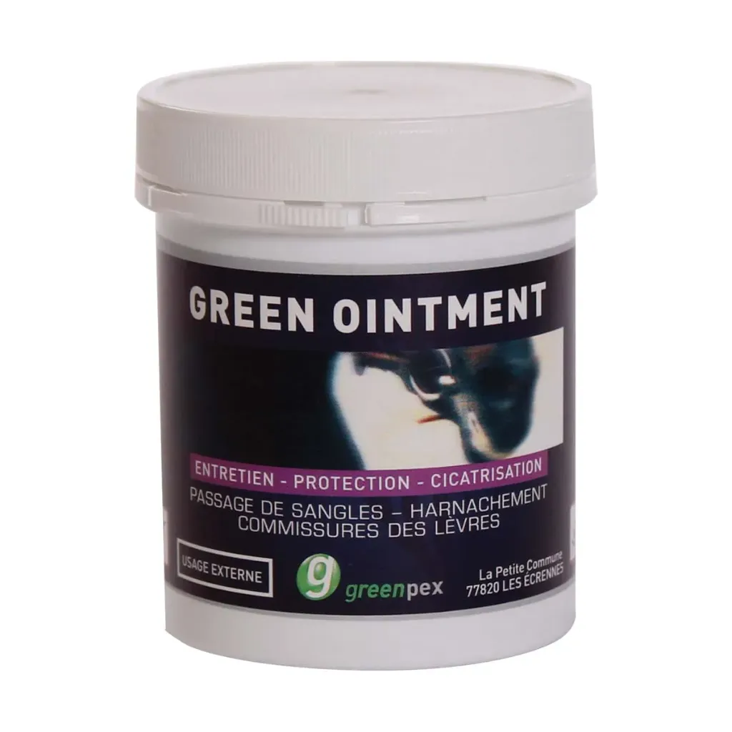 Greenpex Green Ointment – Crème grasse protectrice et cicatrisante pour chevaux – Harnachement, frottements et irritations cutanées – Pot 250 ml