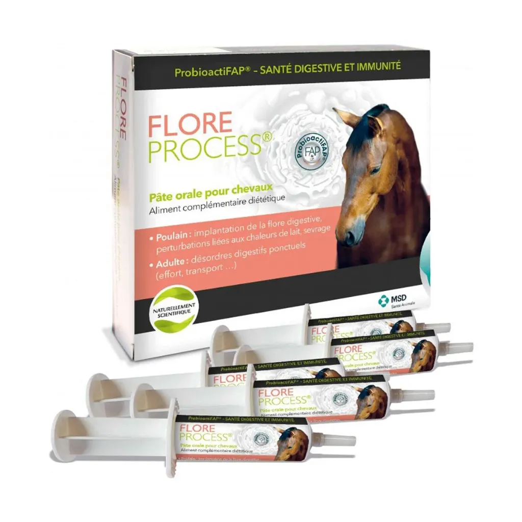 Flore Process Cheval - probiotiques & prébiotiques digestifs, flore intestinale, stress, sevrage & transition alimentaire - 5x20ml