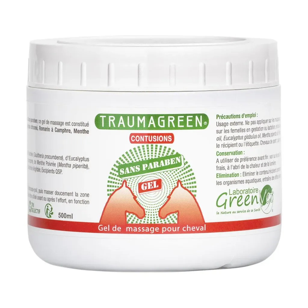 Traumagreen Greenvet – Gel de massage musculaire et articulaire pour chevaux – Contusions, raideurs et récupération après effort – Pot 500 g